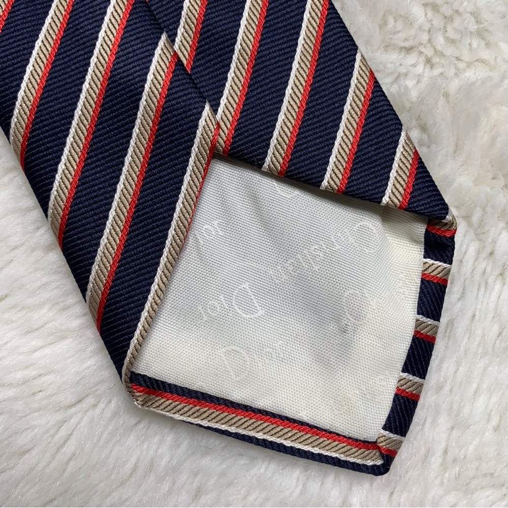 Vintage Christian Dior Logo Men’s 100% Silk Striped Blue Tan Tie - Picture 5 of 6